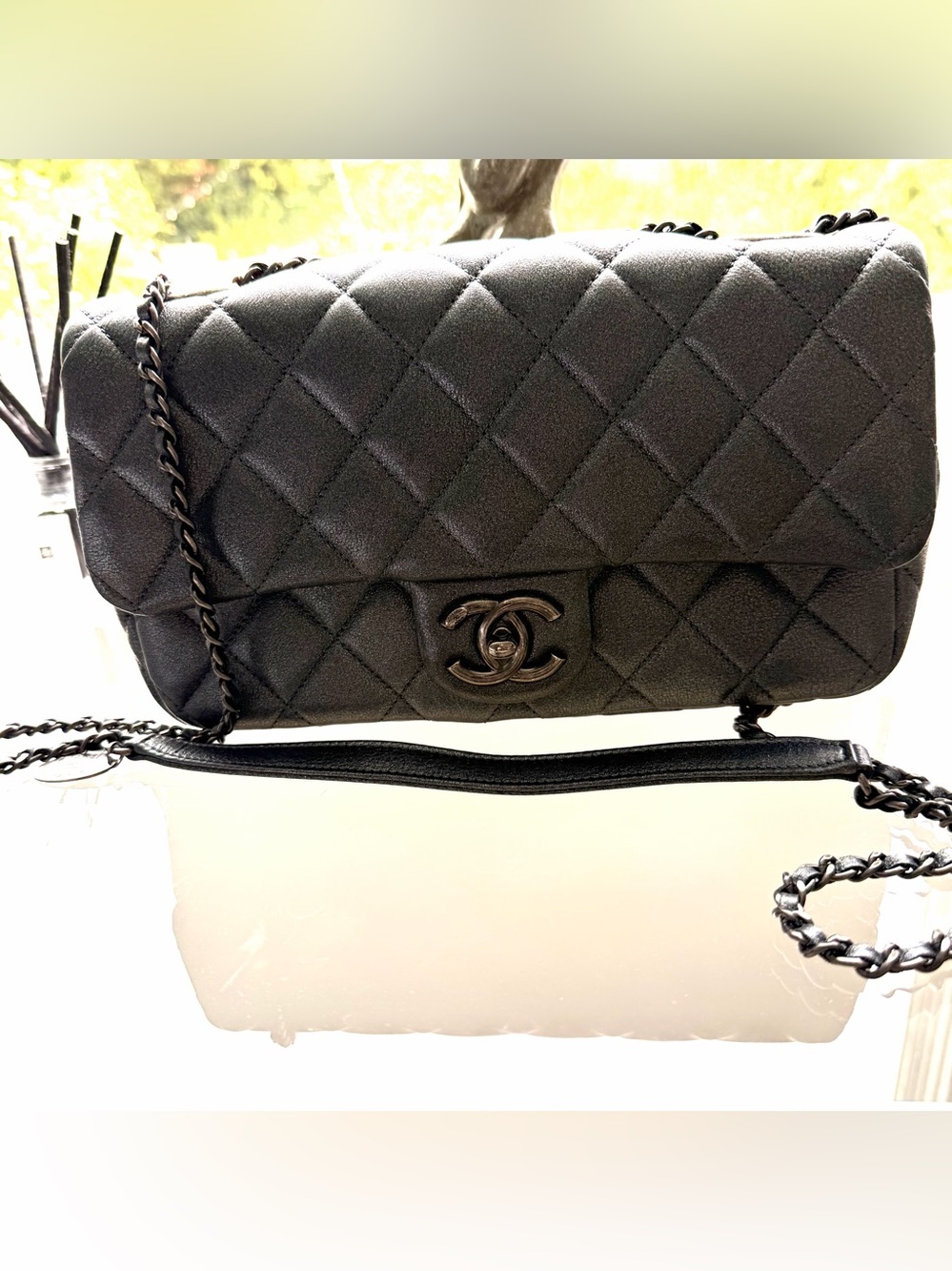 Authentic Chanel Classic Flap Bag Dark Silver Metallic Lambskin Silver Hardware